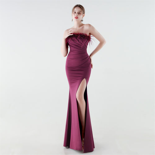 33985 # New Style Strapless Feather Slim Fishtail High-Slit Evening Gown for Banquets