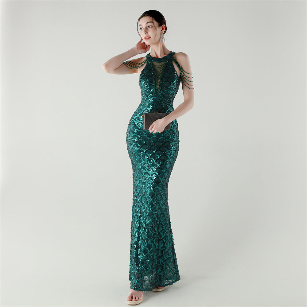 33369 # New High-Neck Draped Thin Chain Decorated Fishtail Skirt Sequined Evening Dress Light Luxury Niche Banquet Dress