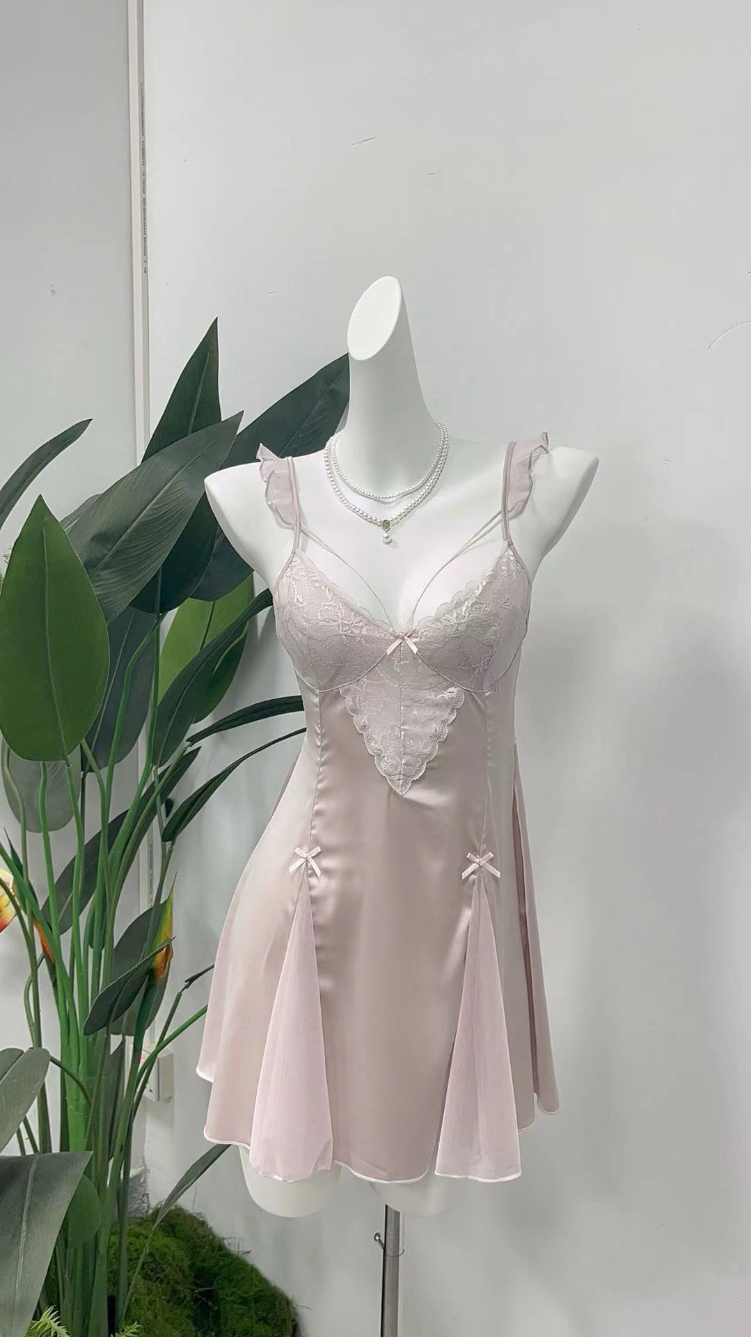 Amiel Burgundy Nightgown with Bow Lace Trim and Satin Waist-Cinching Design, Slimming Bridal Home Slip Dress