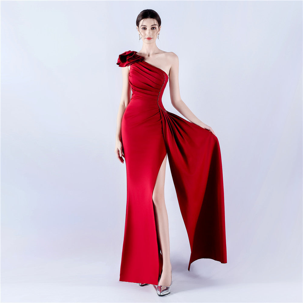 Sofya 31992# New Dress Lotus Shoulder Oblique Neck Craft Bead Hot Drilling Evening Dress Annual Celebration
