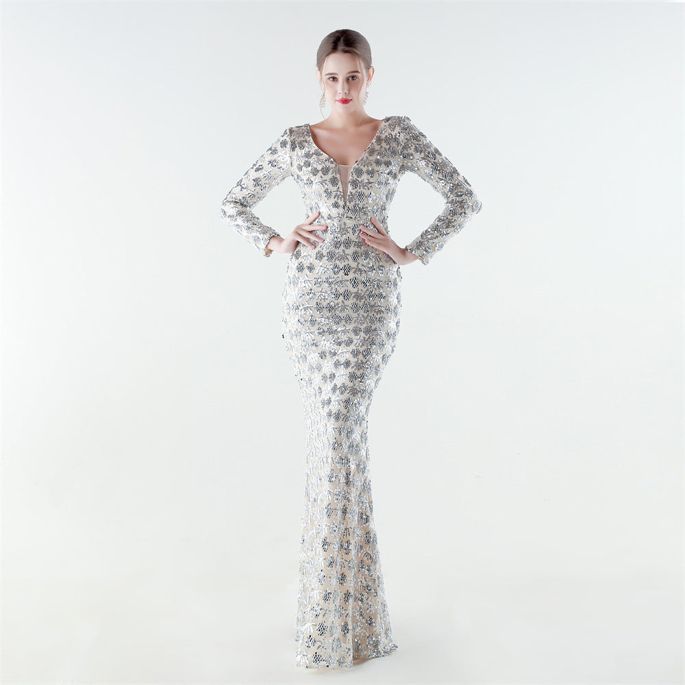 Sofya 33792 # New Style Heavy-Duty Sequined V-Neck Mermaid Evening Gown, High-End Luxurious Banquet Party Host Long Dress