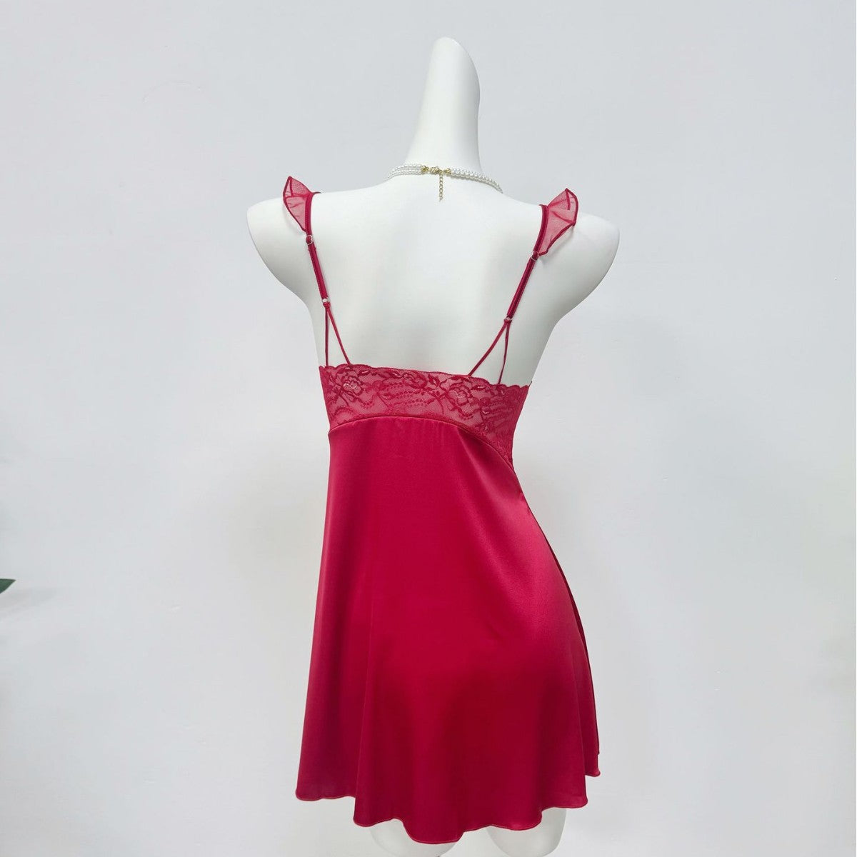 Amiel Burgundy Nightgown with Bow Lace Trim and Satin Waist-Cinching Design, Slimming Bridal Home Slip Dress