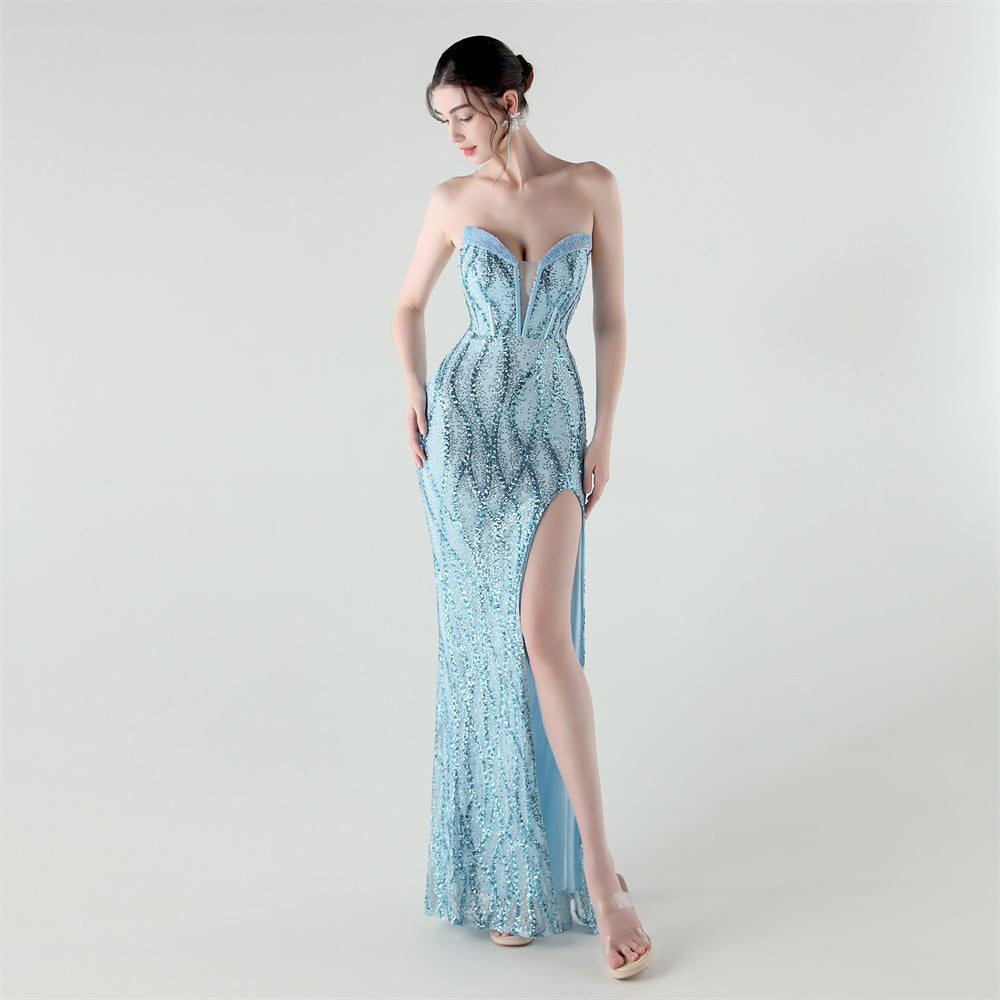33261# new fishbone waist heavy-duty beaded heart-shaped collar bright piece evening dress luxury banquet evening dress