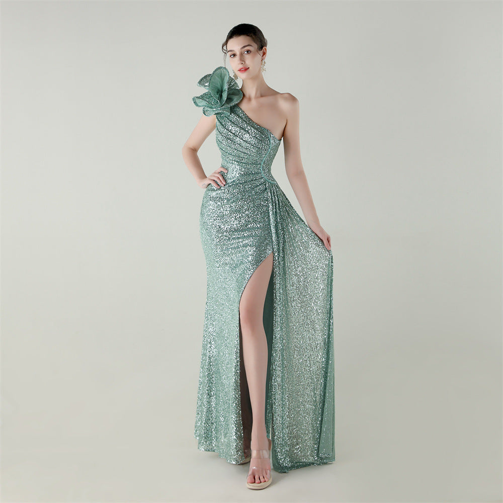 33639 # One-Shoulder Sequin Craft Flower Beaded Slim Fishtail Evening Dress Award Ceremony High-End Social Dress