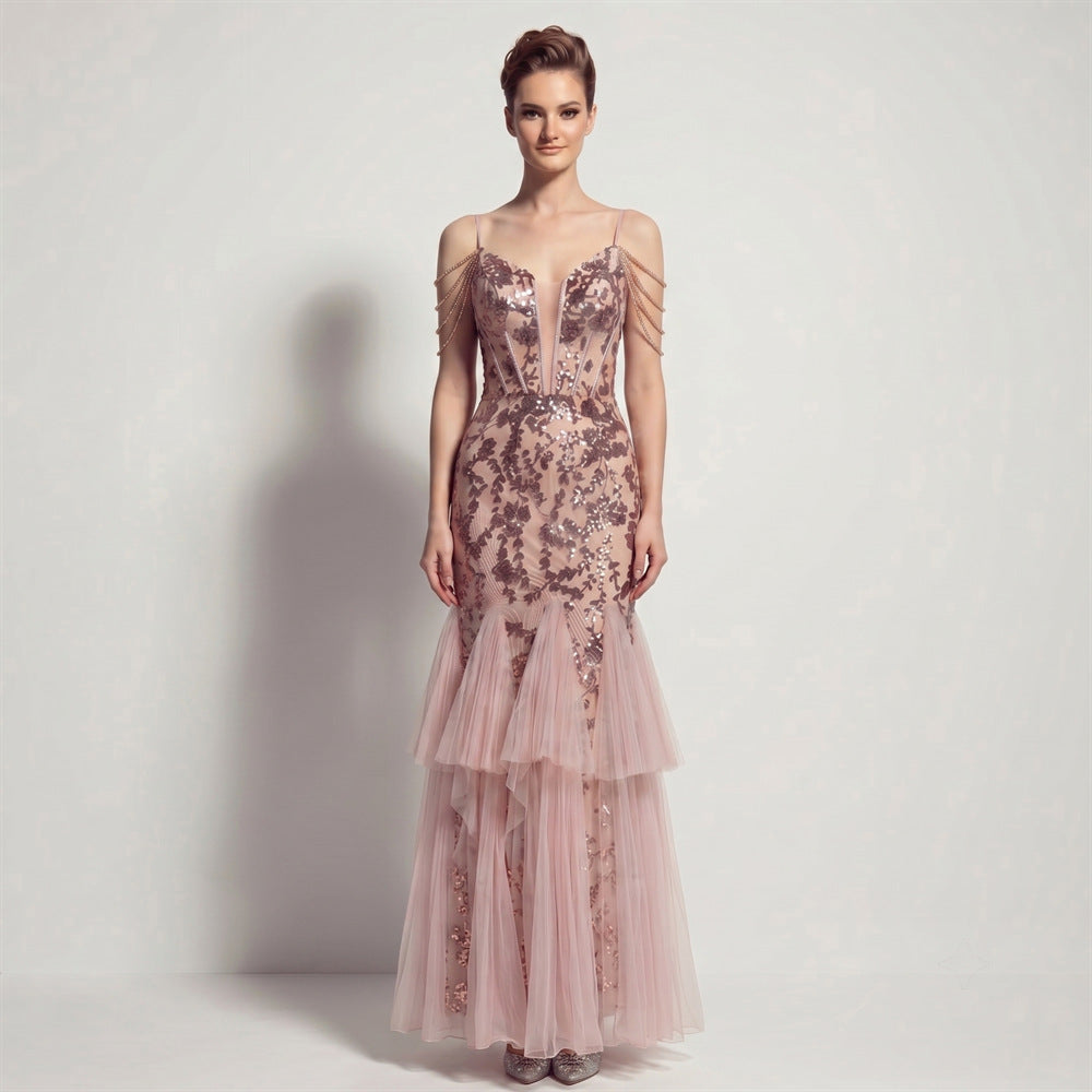 Sofya 35292 # New Style Sequin Tassel Evening Dress Banquet Party Slim Fit Fishtail Long Dress
