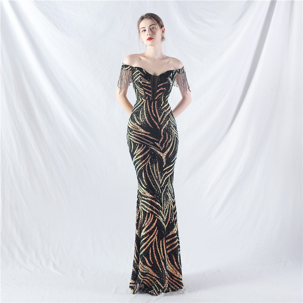 Sofya 31963# New Palace Fishbone Vest Waist Tight Strap Heavy Industry High-end Evening Dress with Beads