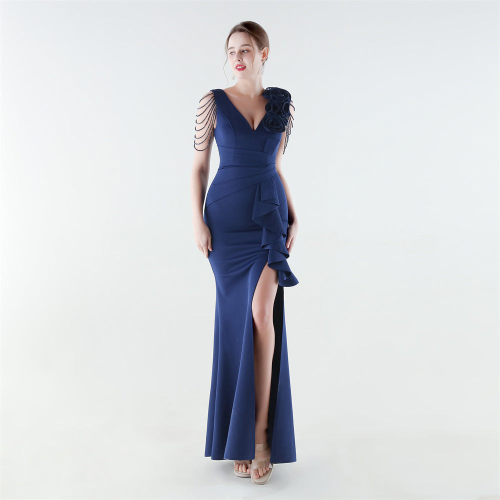 33886 # New Style Beaded and Flowered One-Shoulder Stereo Flower Ruffled Fishtail Slim Evening Dress