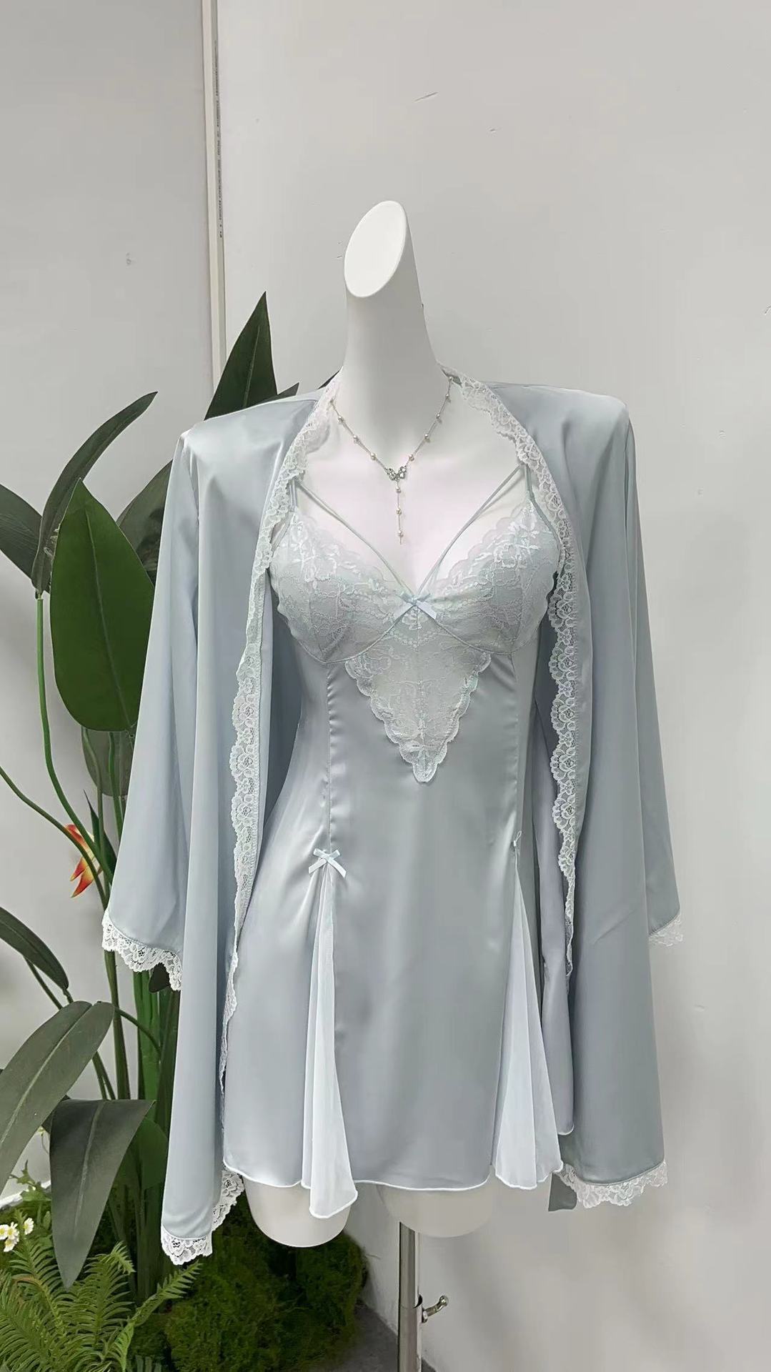 Amiel Burgundy Nightgown with Bow Lace Trim and Satin Waist-Cinching Design, Slimming Bridal Home Slip Dress