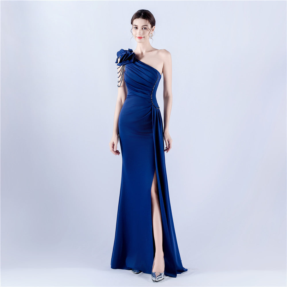 32075# Women's Clothing Heavy Industry Beaded Handmade Art Flower Pleated Technology Satin Shoulder High Fork Evening Dress