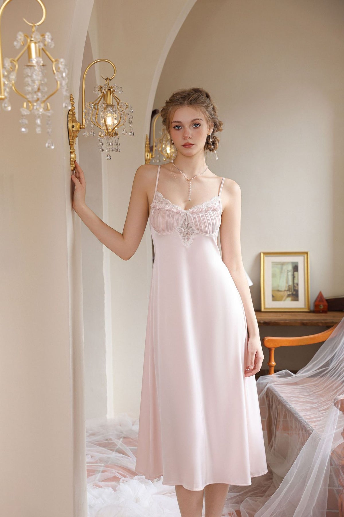 Amiel Robe Pajamas, Spring and Summer High-End Ice Silk Suspender Dress, Long Dress, Elegant Dressing Gown, Nightgown Set with Built-In Breast Pads