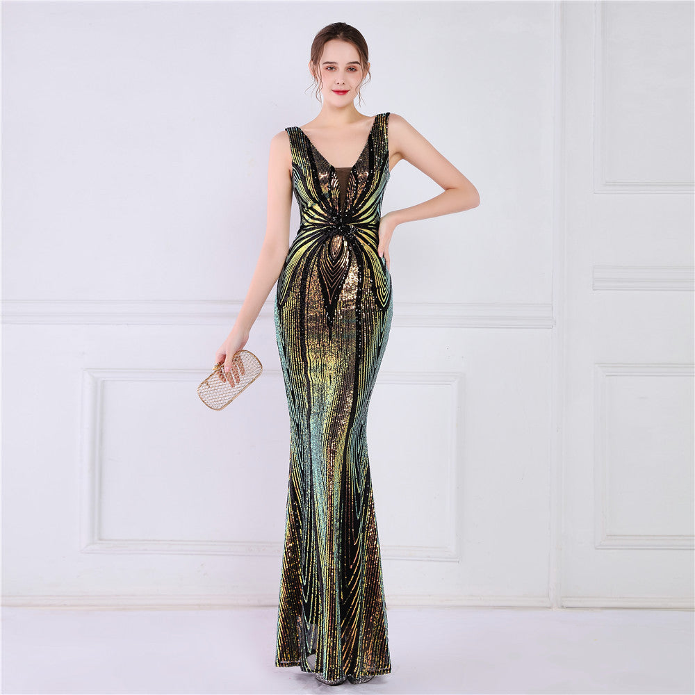 Sofya 19025# positioning flower beads banquet elegant long sleeveless sequins aura queen fishtail skirt slim fishtail skirt