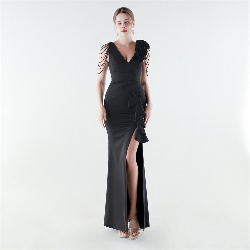 33886 # New Style Beaded and Flowered One-Shoulder Stereo Flower Ruffled Fishtail Slim Evening Dress