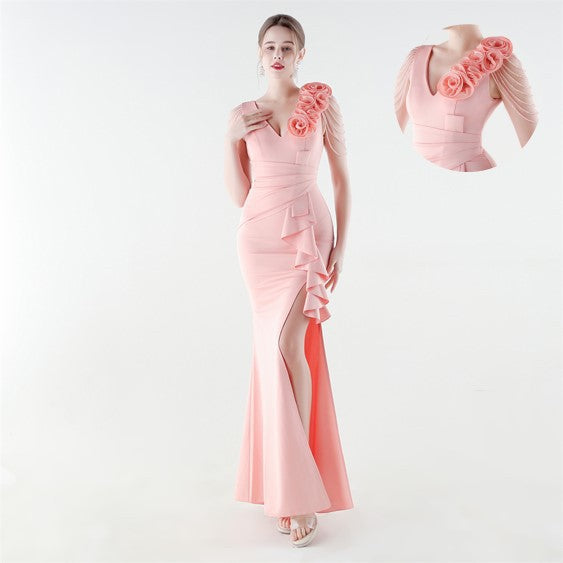 33886 # New Style Beaded and Flowered One-Shoulder Stereo Flower Ruffled Fishtail Slim Evening Dress