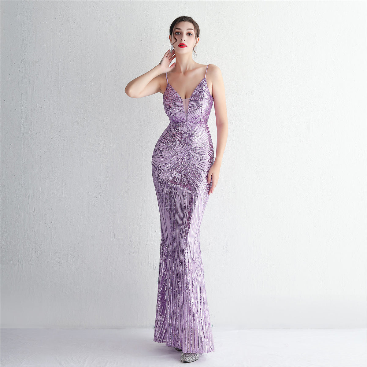Sofya 19330 # New Style Spaghetti Strap Evening Gown with Sequins, Long Slim-Fit Evening Dress for Parties, Elegant and Graceful