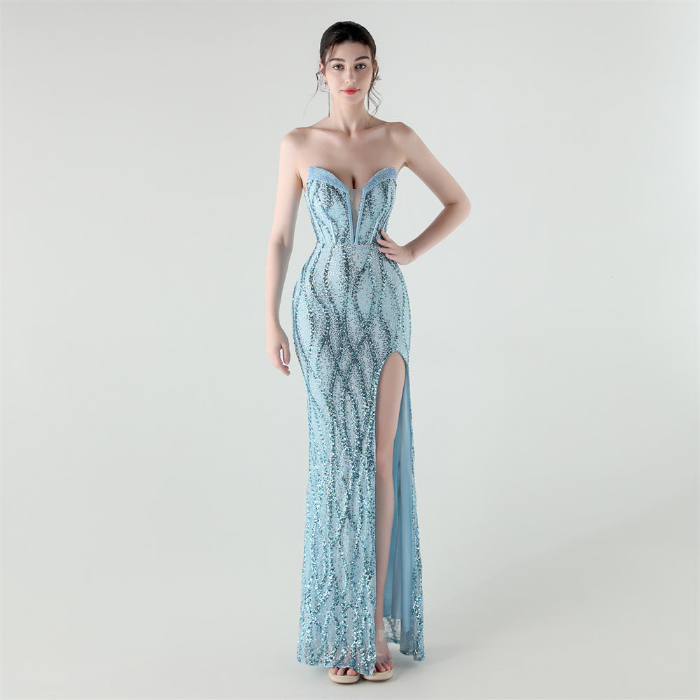 33261# new fishbone waist heavy-duty beaded heart-shaped collar bright piece evening dress luxury banquet evening dress
