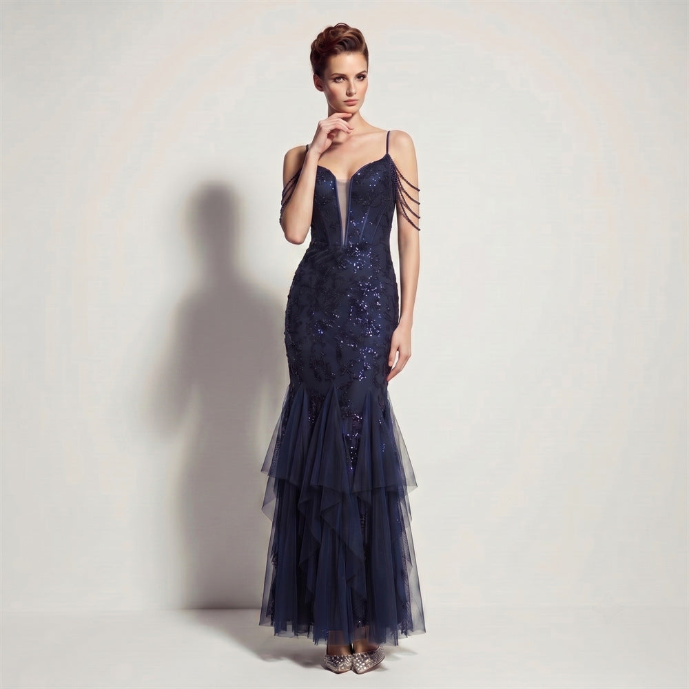 Sofya 35292 # New Style Sequin Tassel Evening Dress Banquet Party Slim Fit Fishtail Long Dress