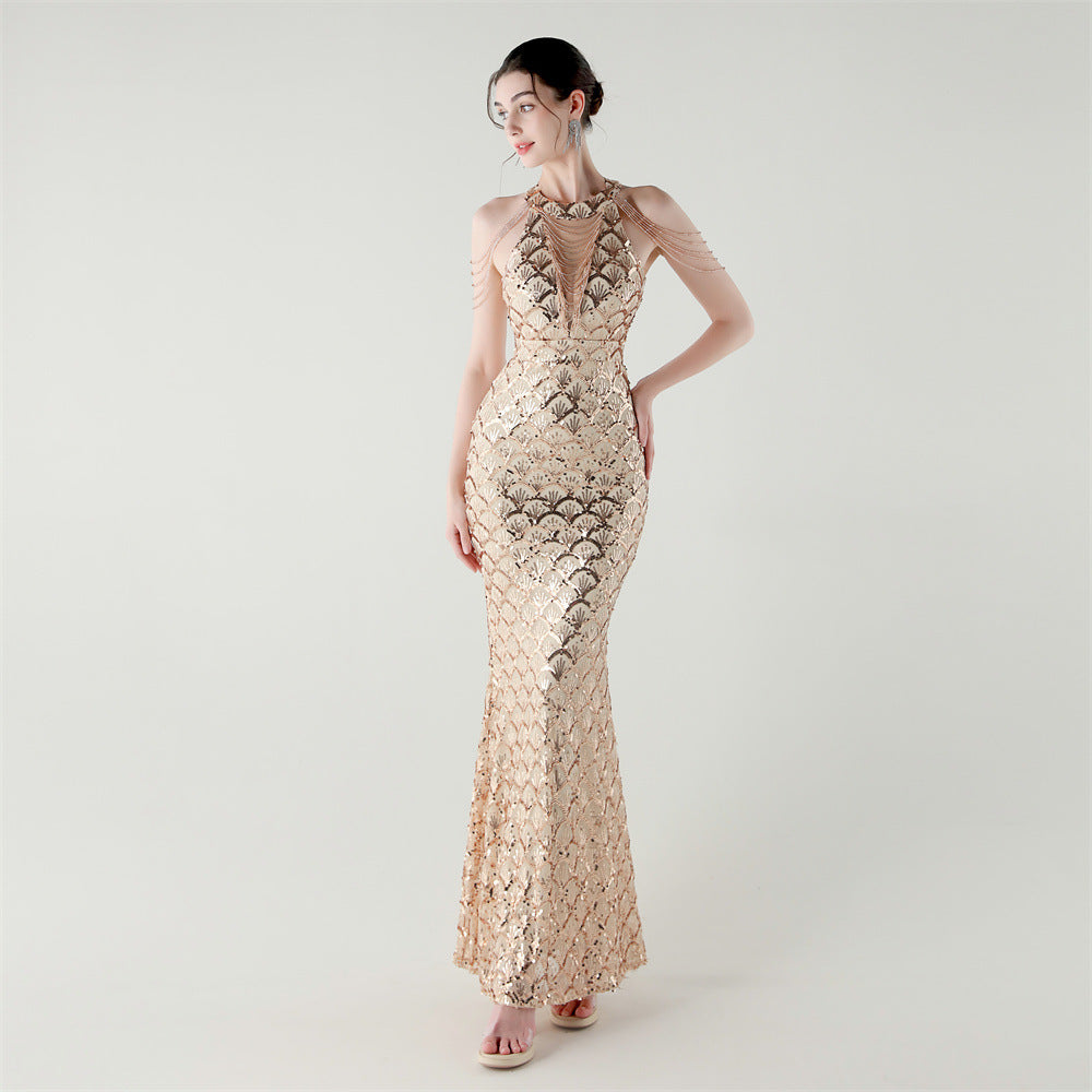 33369 # New High-Neck Draped Thin Chain Decorated Fishtail Skirt Sequined Evening Dress Light Luxury Niche Banquet Dress