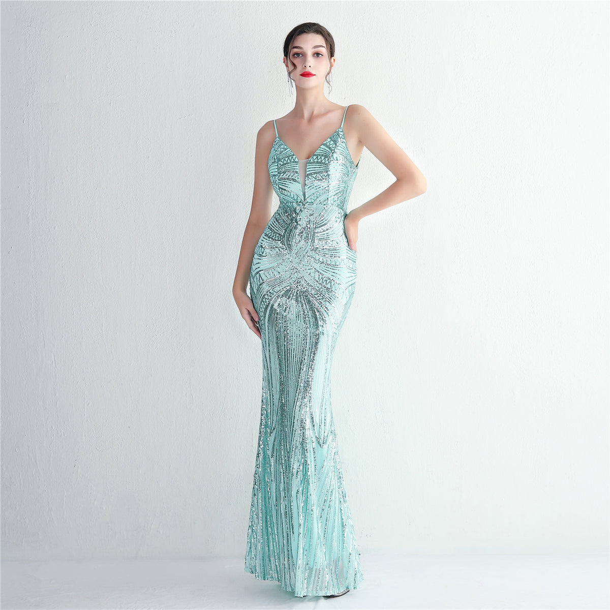 Sofya 19330 # New Style Spaghetti Strap Evening Gown with Sequins, Long Slim-Fit Evening Dress for Parties, Elegant and Graceful