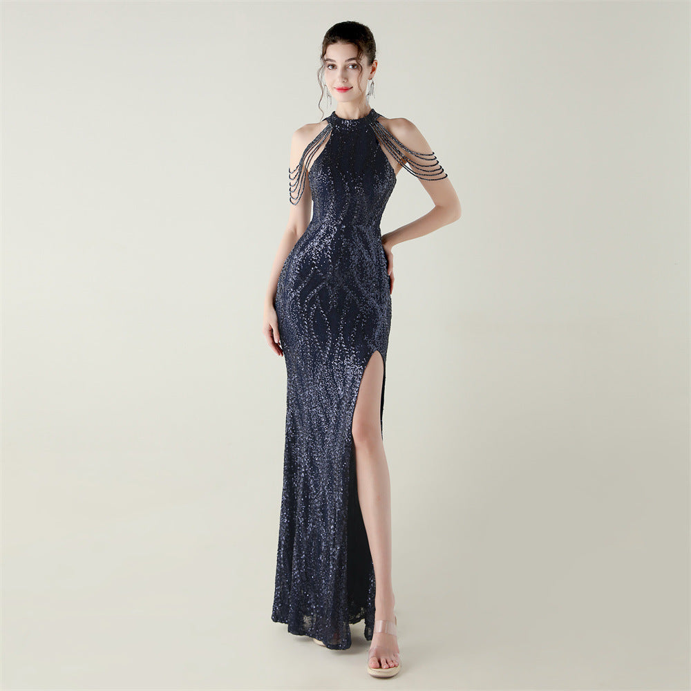 33660 # Sequin Craft Beaded Evening Dress Off-Shoulder Halterneck Fishtail Skirt Socialite Style Light Luxury Slimming