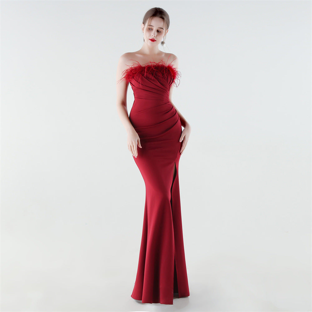 33985 # New Style Strapless Feather Slim Fishtail High-Slit Evening Gown for Banquets