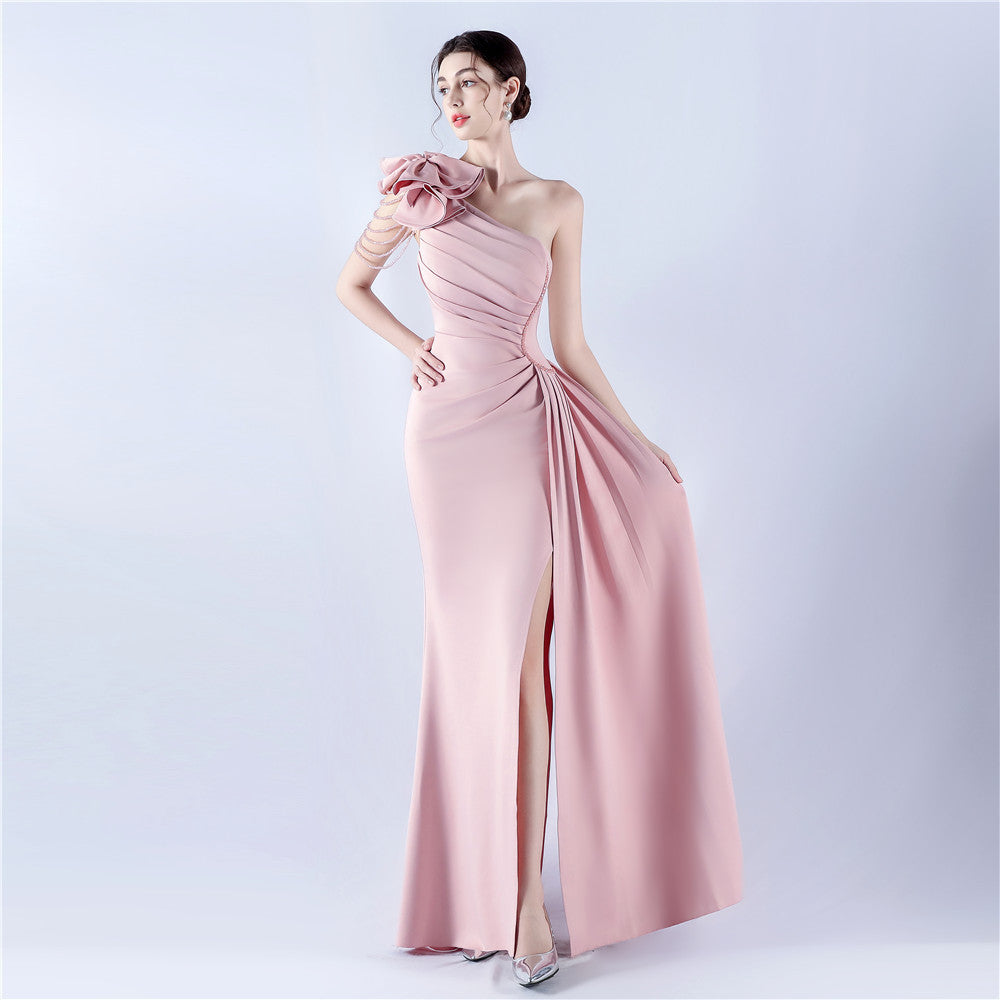 32075# Women's Clothing Heavy Industry Beaded Handmade Art Flower Pleated Technology Satin Shoulder High Fork Evening Dress