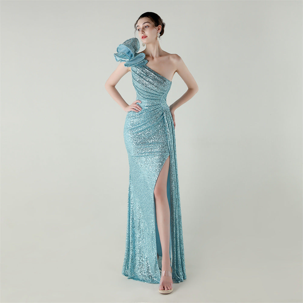 33639 # One-Shoulder Sequin Craft Flower Beaded Slim Fishtail Evening Dress Award Ceremony High-End Social Dress