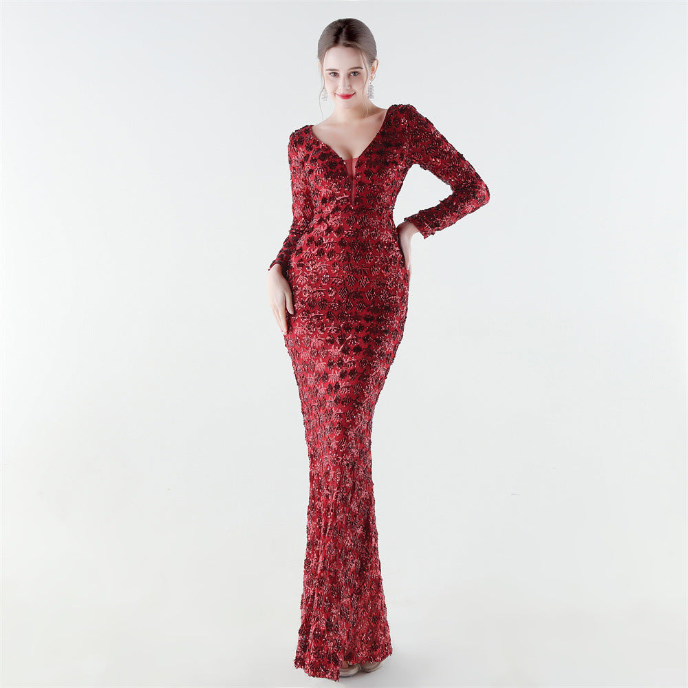 Sofya 33792 # New Style Heavy-Duty Sequined V-Neck Mermaid Evening Gown, High-End Luxurious Banquet Party Host Long Dress