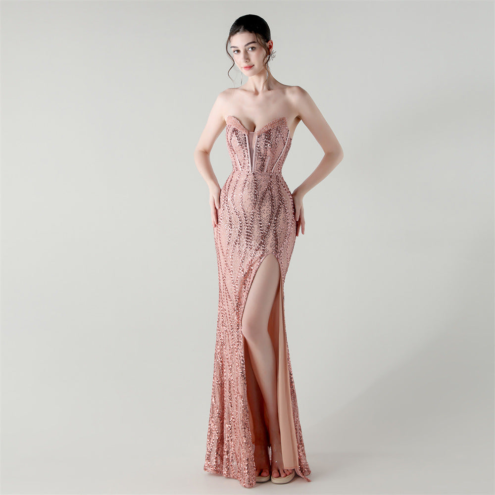 33261# new fishbone waist heavy-duty beaded heart-shaped collar bright piece evening dress luxury banquet evening dress