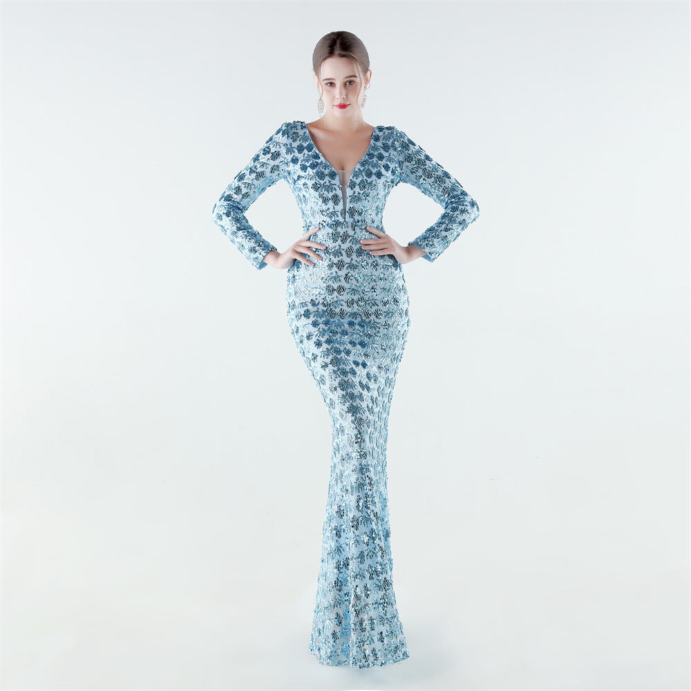 Sofya 33792 # New Style Heavy-Duty Sequined V-Neck Mermaid Evening Gown, High-End Luxurious Banquet Party Host Long Dress