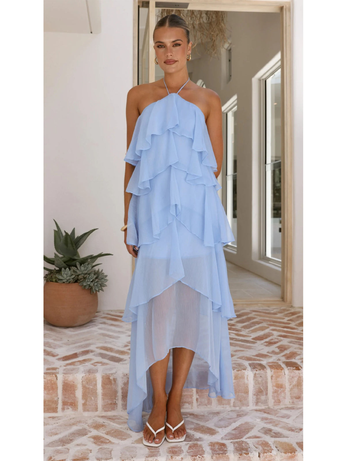 In Stock 2607 Spring/Summer New European and American Cross-Border Elegant Ruffled Halter Neck Solid Color Tiered Chiffon Dress