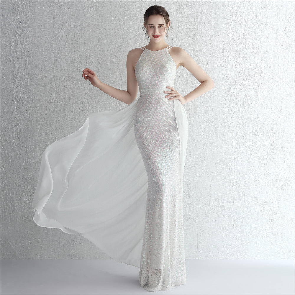 Sofya 19223 # Positioning Floral Sequin Chiffon Skirt with Beaded Halter Neck Style, Elegant and Cool, Long Sequin for Ladies' Banquet
