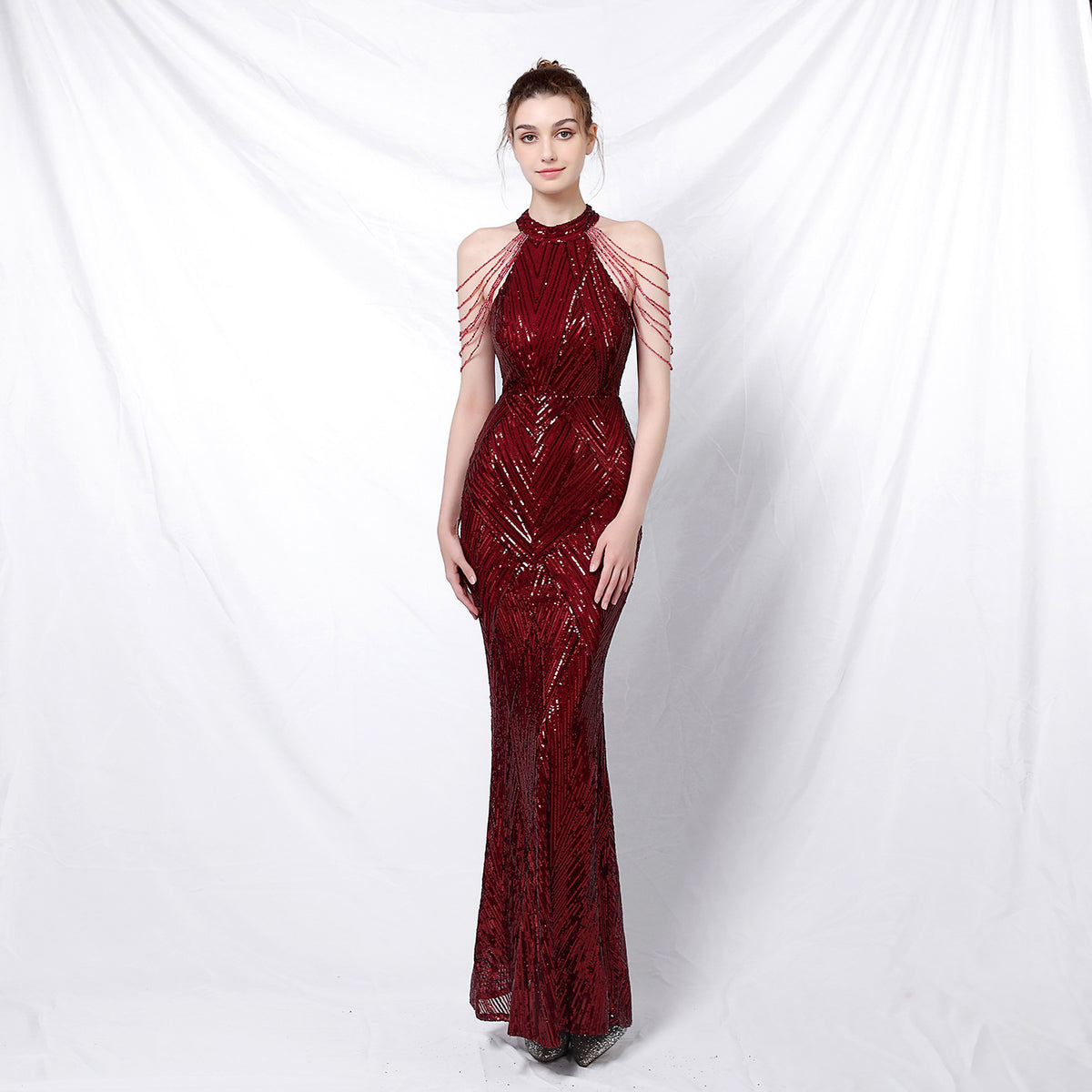 Sofya 18126 # New Banquet Style Elegant Long Halterneck Sequined Ladylike Cool Aura Queen Fishtail Evening Dress