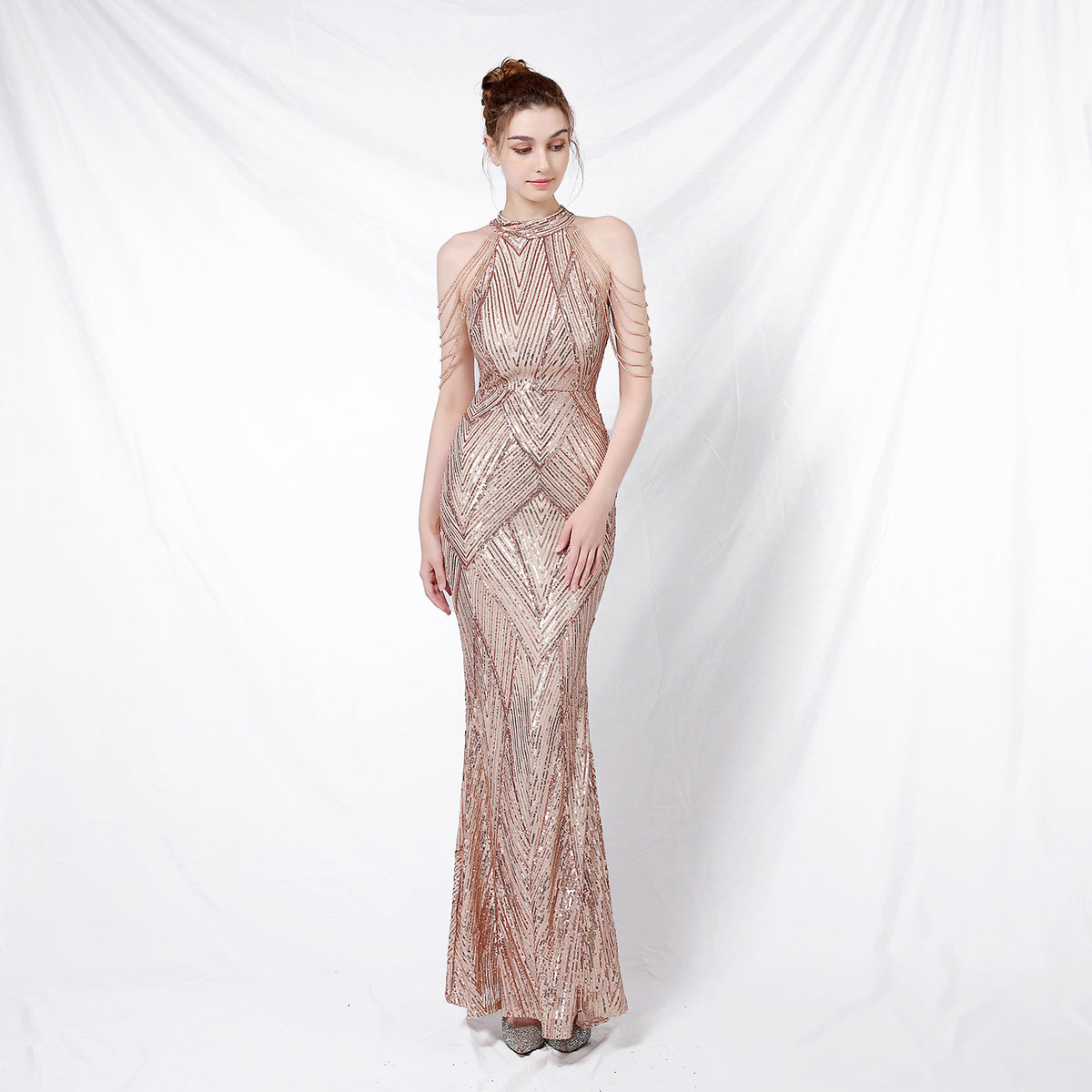 Sofya 18126 # New Banquet Style Elegant Long Halterneck Sequined Ladylike Cool Aura Queen Fishtail Evening Dress