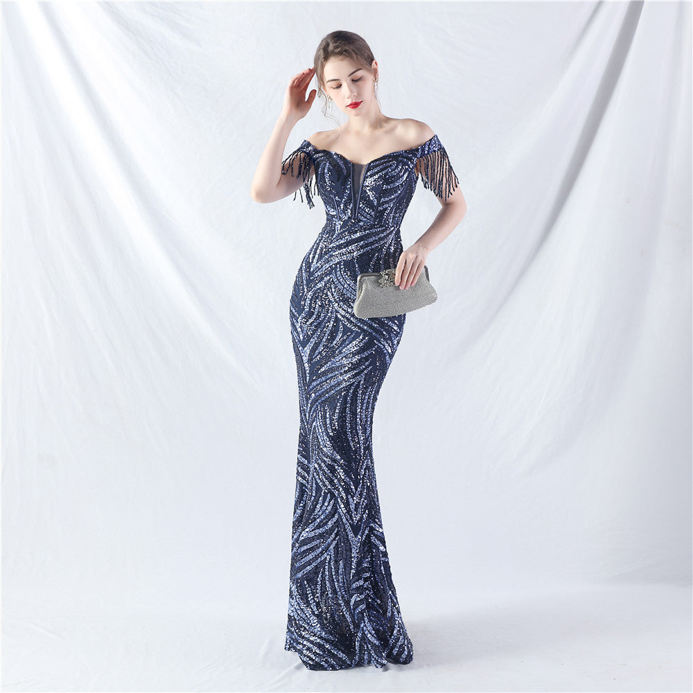 Sofya 31963# New Palace Fishbone Vest Waist Tight Strap Heavy Industry High-end Evening Dress with Beads
