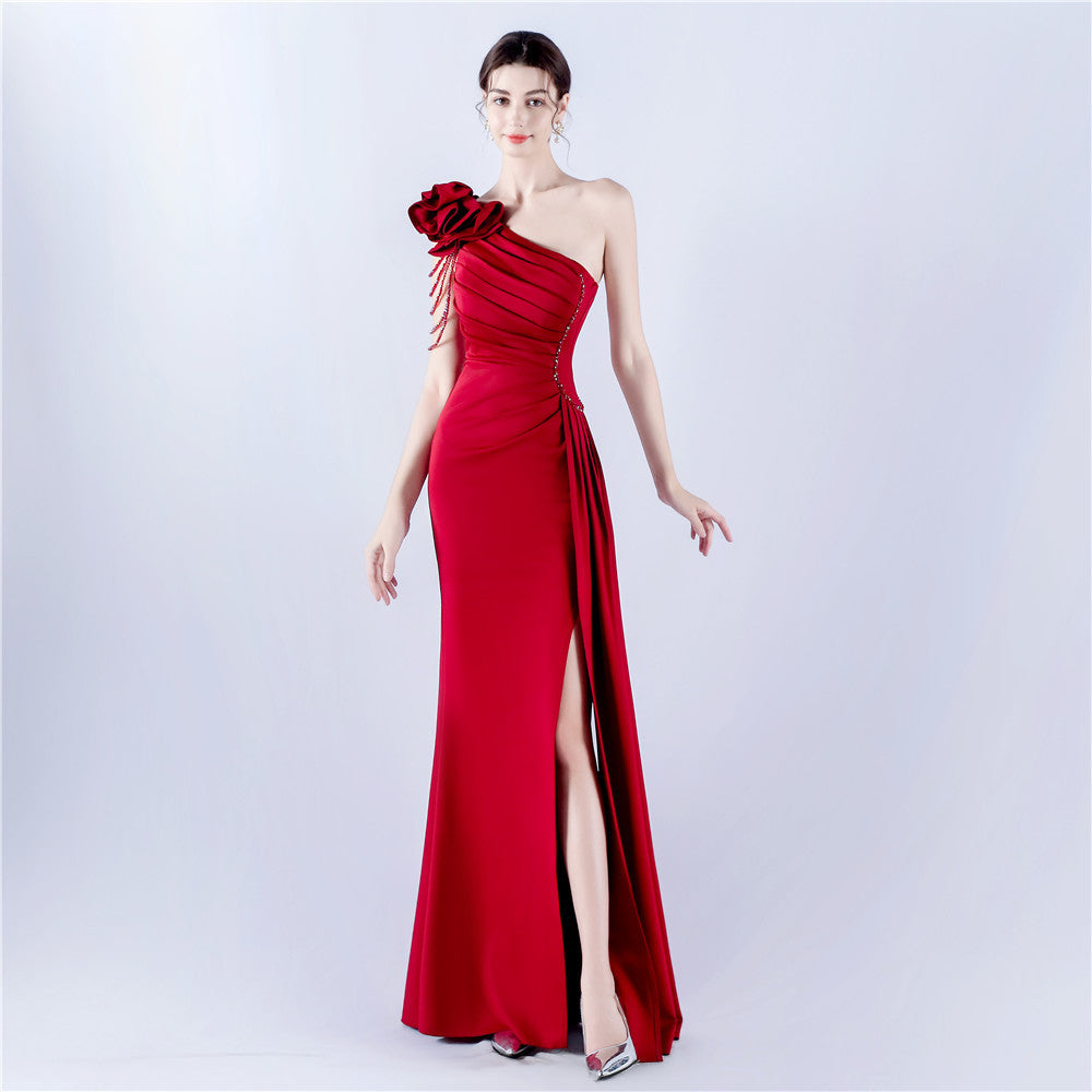 32075# Women's Clothing Heavy Industry Beaded Handmade Art Flower Pleated Technology Satin Shoulder High Fork Evening Dress