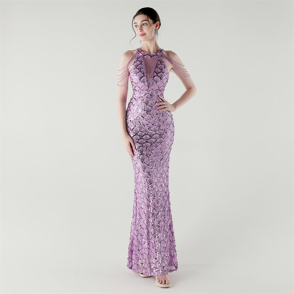 33369 # New High-Neck Draped Thin Chain Decorated Fishtail Skirt Sequined Evening Dress Light Luxury Niche Banquet Dress