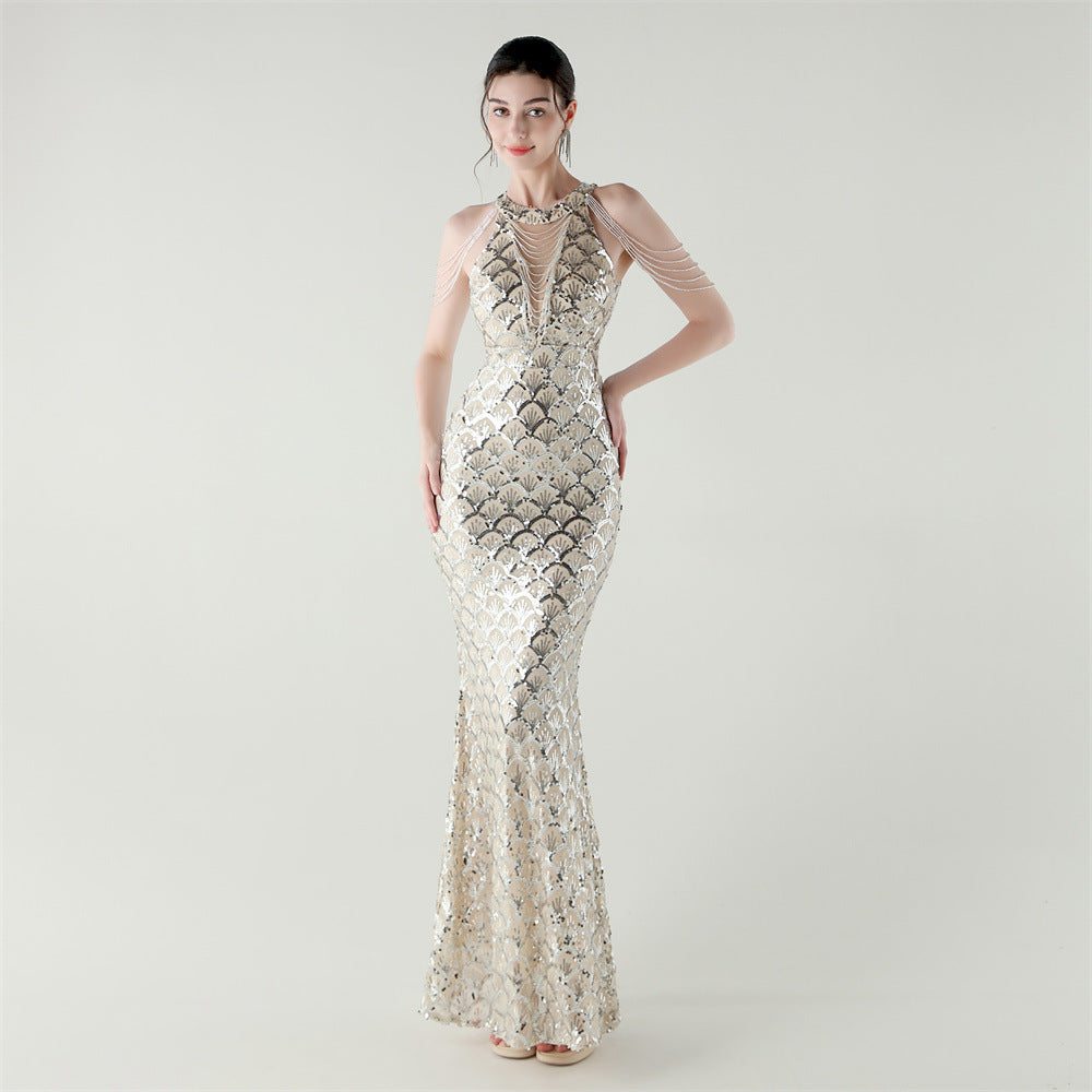 33369 # New High-Neck Draped Thin Chain Decorated Fishtail Skirt Sequined Evening Dress Light Luxury Niche Banquet Dress