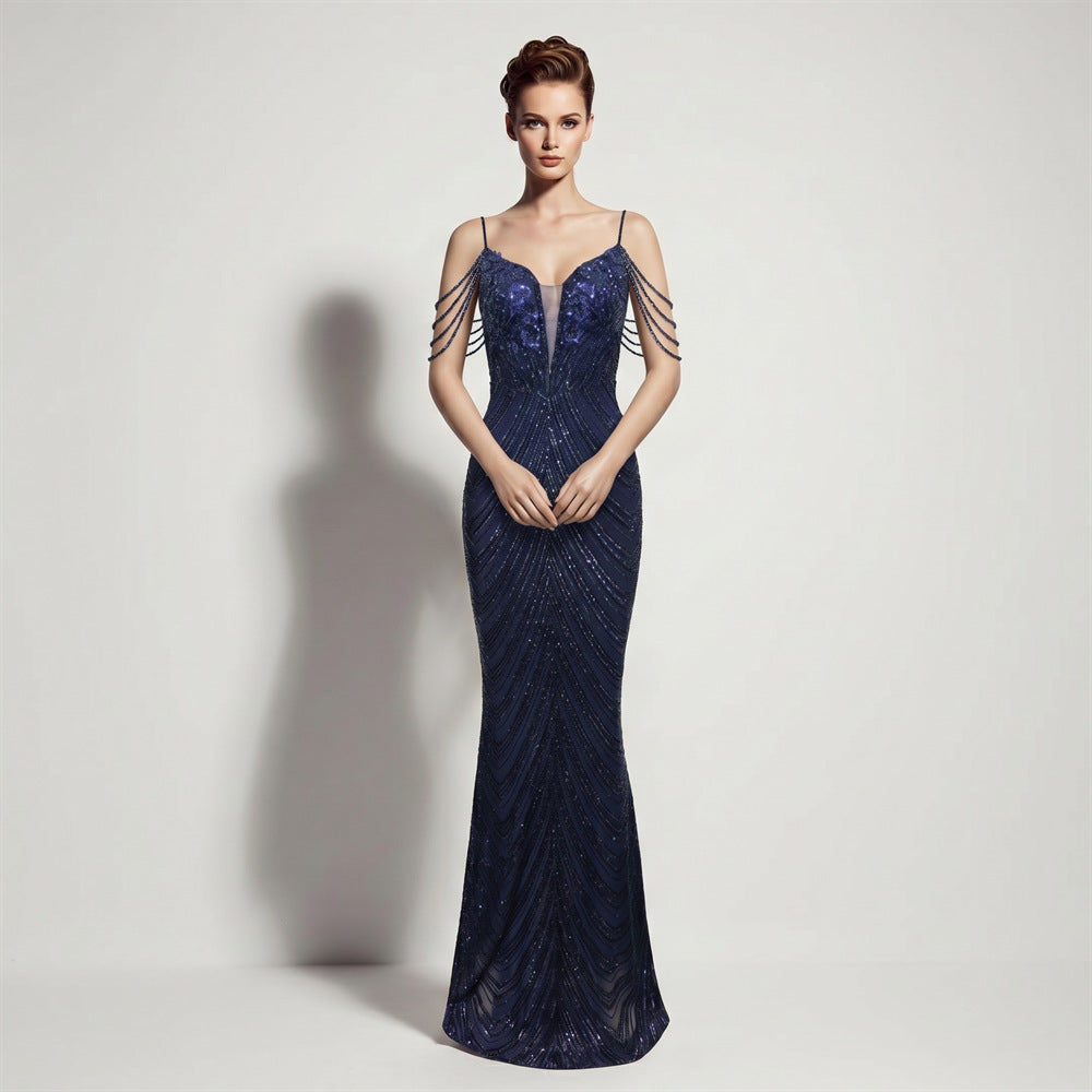 Sofya 35288 # New Style Sequin Tassel Evening Dress Banquet Party Slim Fit Fishtail Long Dress