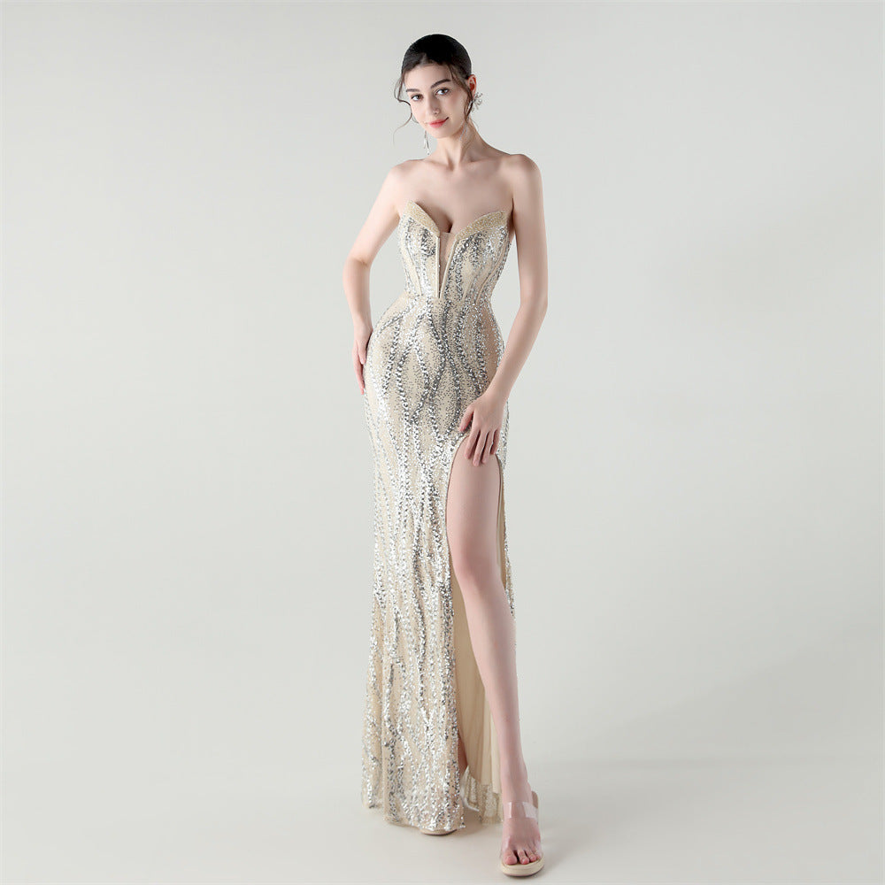 33261# new fishbone waist heavy-duty beaded heart-shaped collar bright piece evening dress luxury banquet evening dress