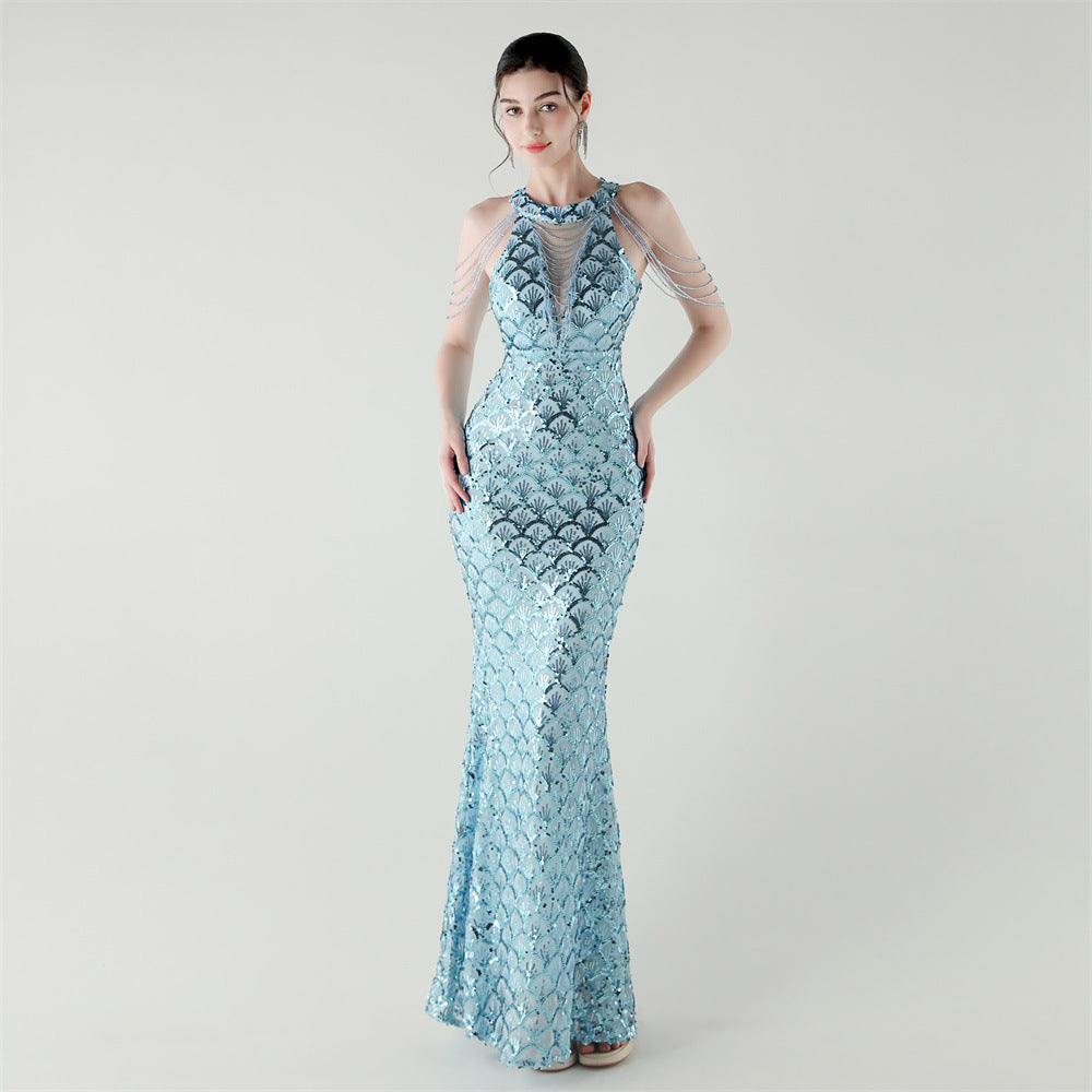 33369 # New High-Neck Draped Thin Chain Decorated Fishtail Skirt Sequined Evening Dress Light Luxury Niche Banquet Dress
