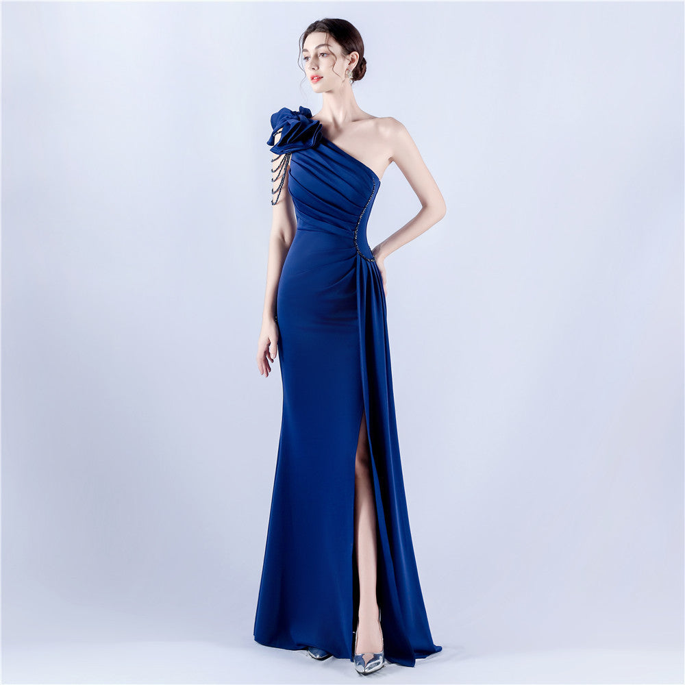 32075# Women's Clothing Heavy Industry Beaded Handmade Art Flower Pleated Technology Satin Shoulder High Fork Evening Dress