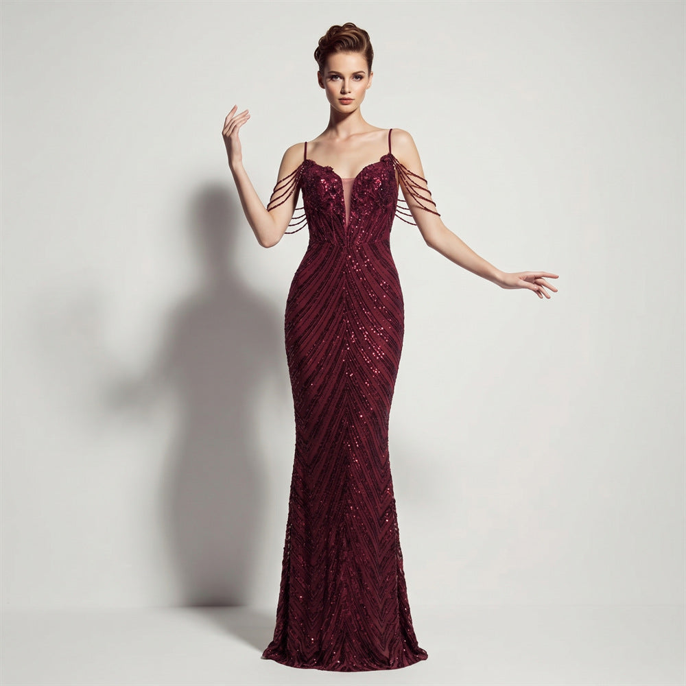 Sofya 35288 # New Style Sequin Tassel Evening Dress Banquet Party Slim Fit Fishtail Long Dress