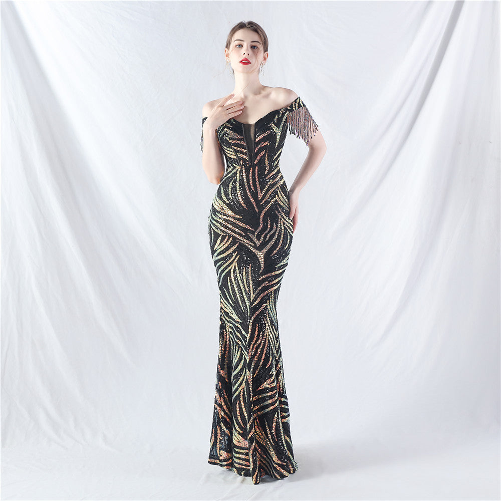 Sofya 31963# New Palace Fishbone Vest Waist Tight Strap Heavy Industry High-end Evening Dress with Beads