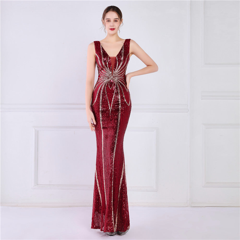 Sofya 19025# positioning flower beads banquet elegant long sleeveless sequins aura queen fishtail skirt slim fishtail skirt