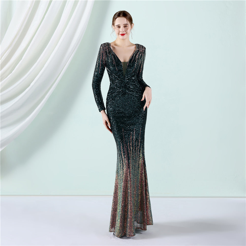 Sofya 19037 # Gradient Beaded Long Sleeve Evening Dress Spring/Summer New Fashion Long Sequin Dress Toast Dress