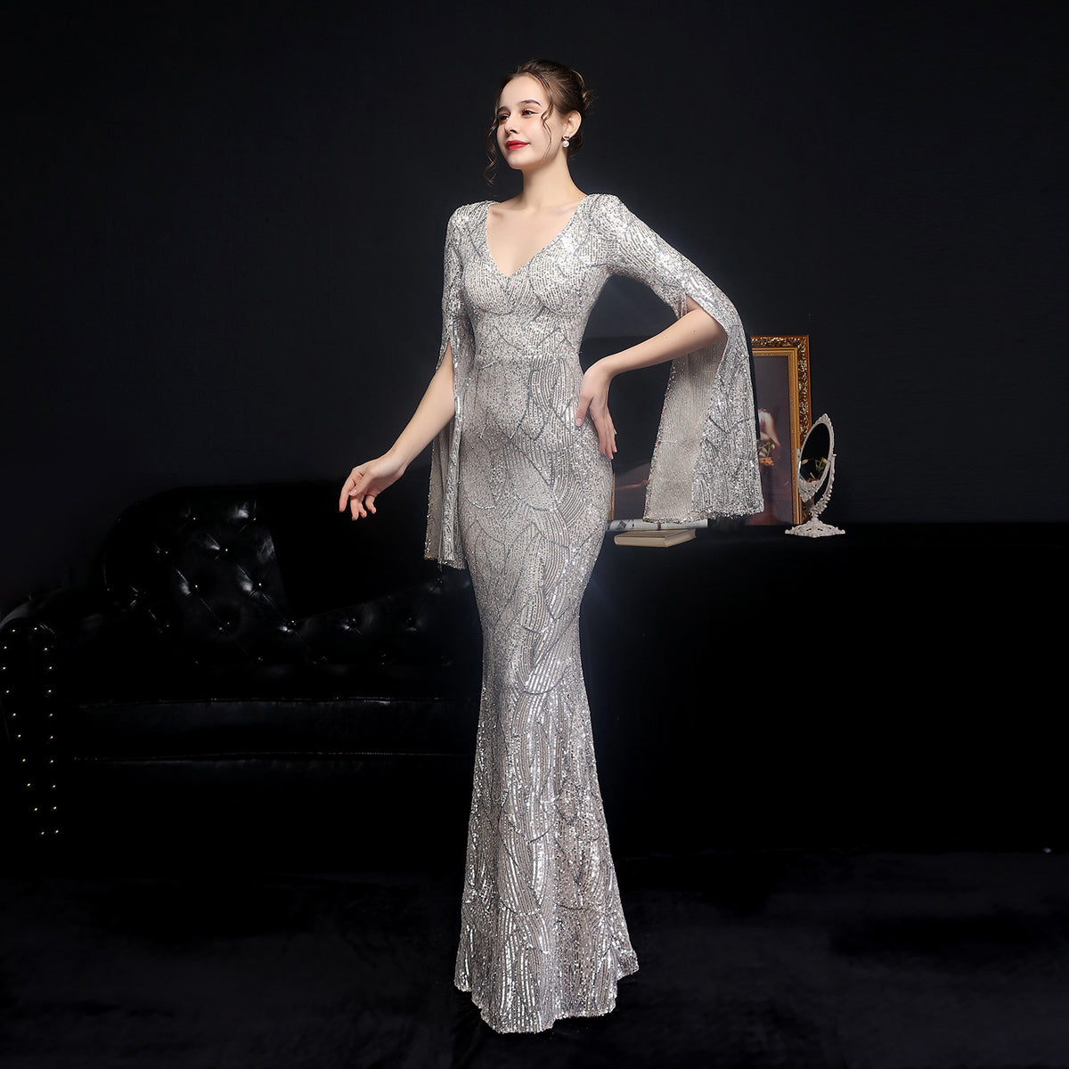 Sofya 18576 # Sequin Long Banquet Slim Fishtail Elegant Socialite Party Annual Meeting Host Evening Dress