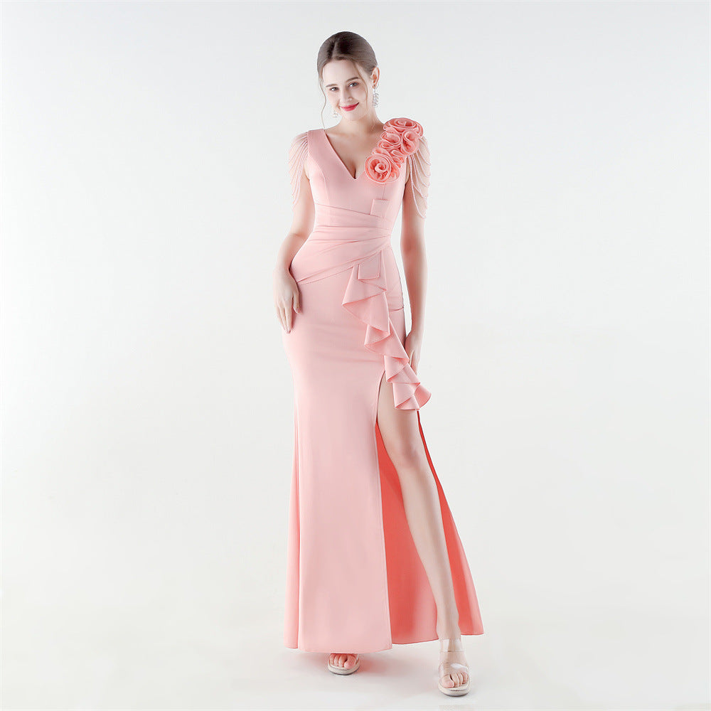 33886 # New Style Beaded and Flowered One-Shoulder Stereo Flower Ruffled Fishtail Slim Evening Dress