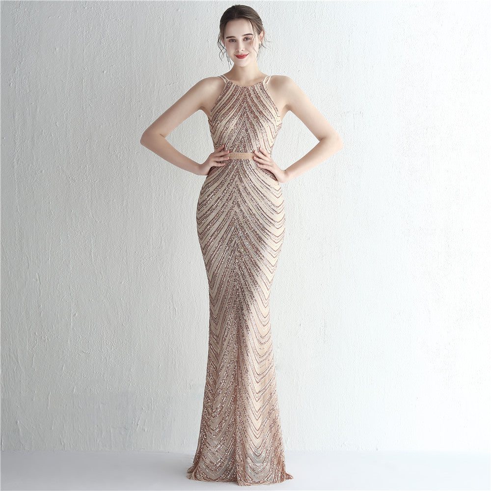 Sofya 19223 # Positioning Floral Sequin Chiffon Skirt with Beaded Halter Neck Style, Elegant and Cool, Long Sequin for Ladies' Banquet