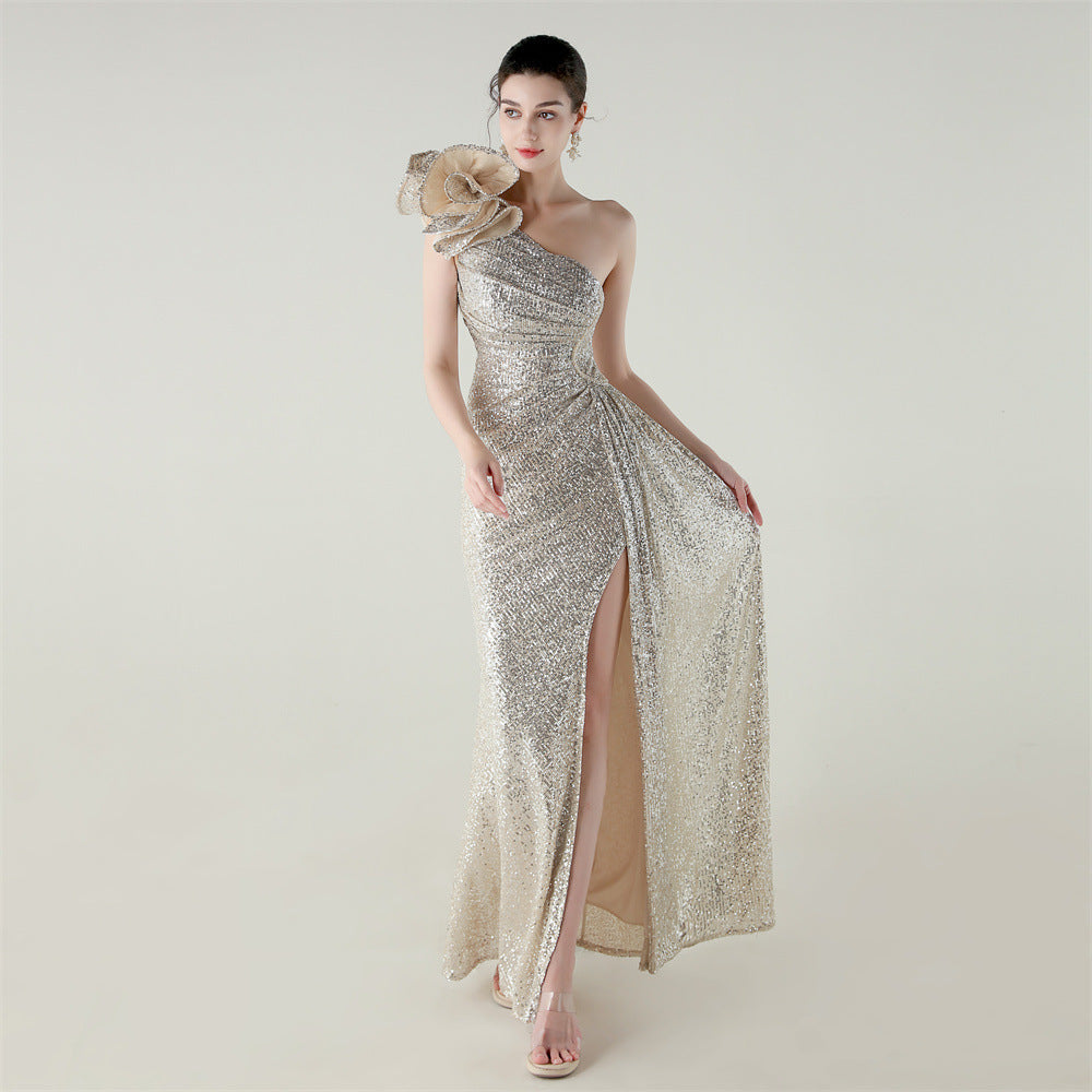 33639 # One-Shoulder Sequin Craft Flower Beaded Slim Fishtail Evening Dress Award Ceremony High-End Social Dress