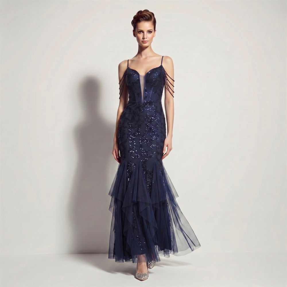 Sofya 35292 # New Style Sequin Tassel Evening Dress Banquet Party Slim Fit Fishtail Long Dress